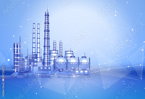modern chemical manufacturing plant on a blue technological background with a stylized digital wave - the concept of modern technology, the new industrial revolution & information technology / vector