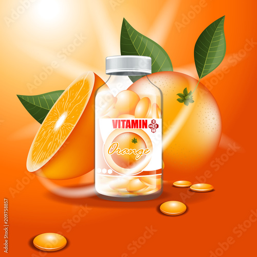 Jar with vitamins on a beautiful colored background and fruit Orange.
