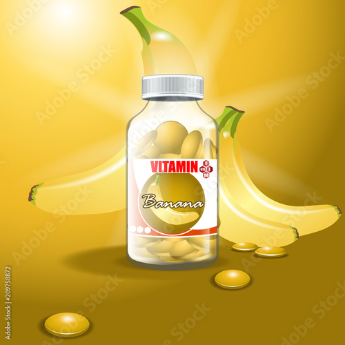 Jar with vitamins on a beautiful colored background and fruit Banana.