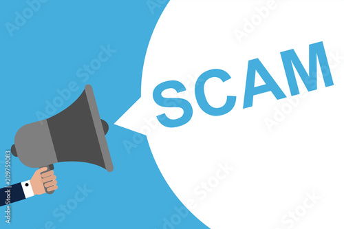 Hand Holding Megaphone With Speech Bubble SCAM. Announcement. Vector illustration