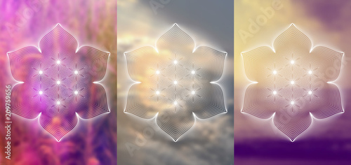 Vector set of cover template, format a4; Spiritual sacred geometry on beauty blurred background; Yoga, meditation and relax.