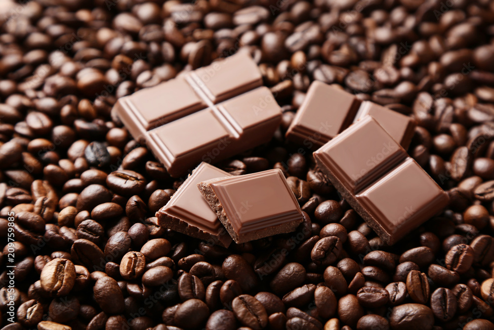 Chocolate pieces and coffee beans