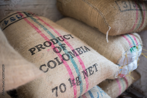 Product of Colombia, full coffee bags in storage