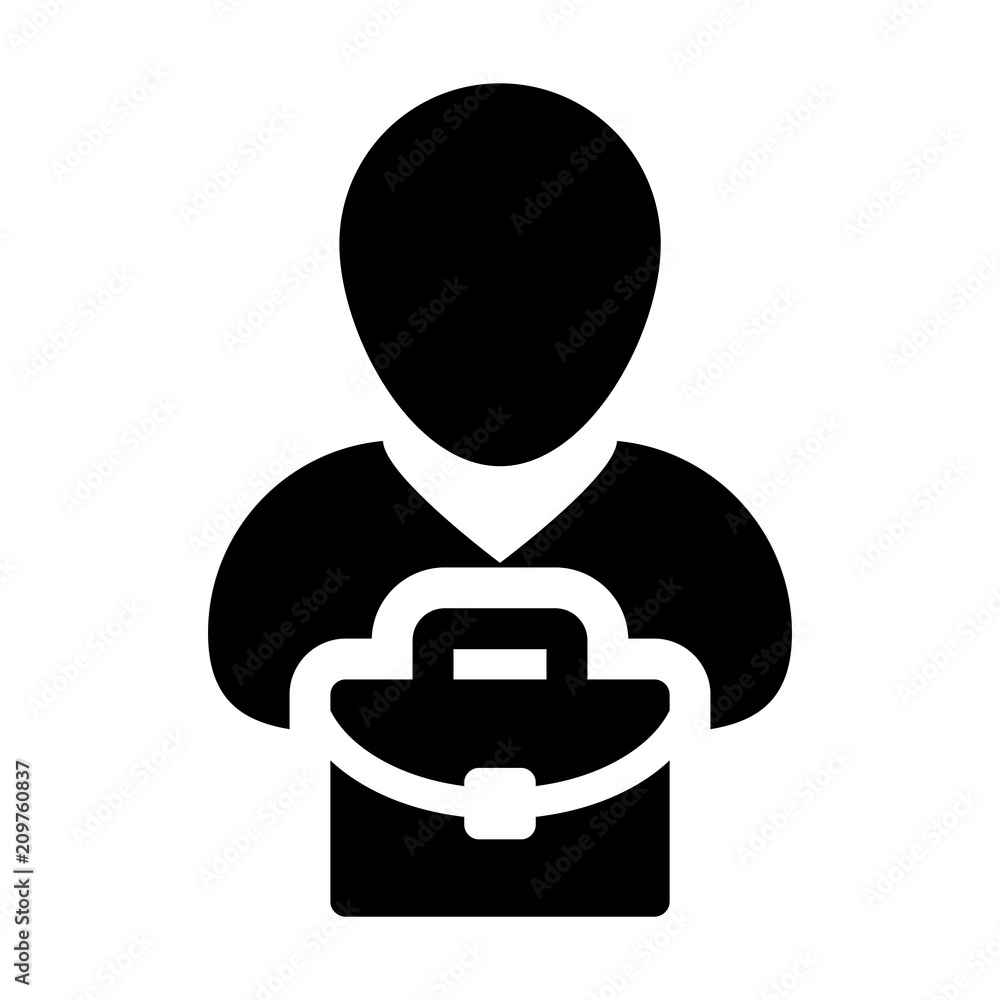Business icon vector male person profile avatar symbol with briefcase for business in flat color glyph pictogram illustration Business icon vector male person profile avatar symbol with briefcase for business in flat color glyph pictogram illustration