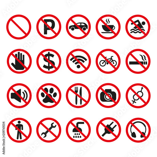 Prohibition signs set safety on white background.