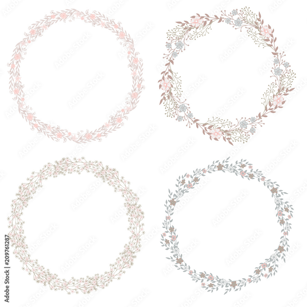 Set of wreath of wild flowers with leaves. A floral round frame with a place for your text. Set of wreath of wild flowers with leaves. A floral round frame with a place for your text.