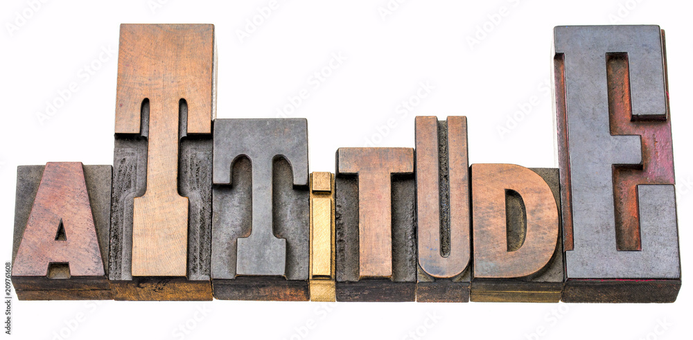 attitude word abstract in wood type - obrazy, fototapety, plakaty 