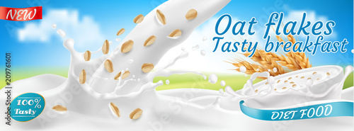 Vector 3d realistic oat flakes in milk, package design. Rolled grains in white bowl with splashing drops. Diet healthy food, nutrition. Mock up of farm product for advertising poster, promo banner