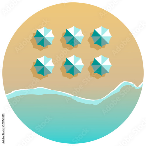 Beach umbrellas lines and ocean round background