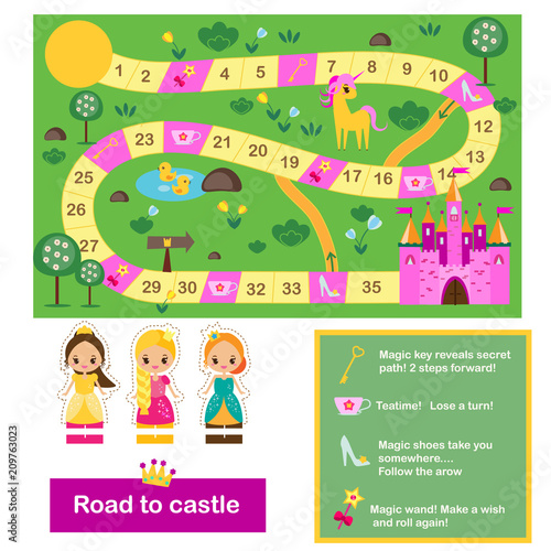 Board game for kids. Actvity for girls. Fairy tales theme, help princeess find way to castle
