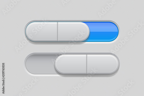 On and Off toggle switch buttons. Slider gray and blue 3d icons