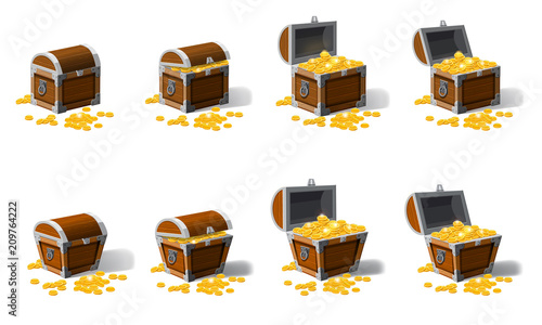 Set old pirate chests full of treasures, gold coins, vector, cartoon style, illustration, isolated. For games, advertising applications photo
