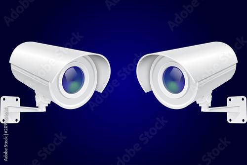 Security camera set. White CCTV surveillance system on blue background