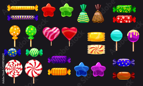 Supe set of different sweets on black background hard candies dragee jelly beans peppermint candy. Vector illustration,