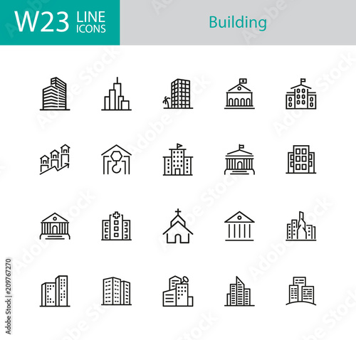 Building icons. Set of twenty line icons. Church, museum, bank. Architecture concept. Vector illustration can be used for topics city, public estate.