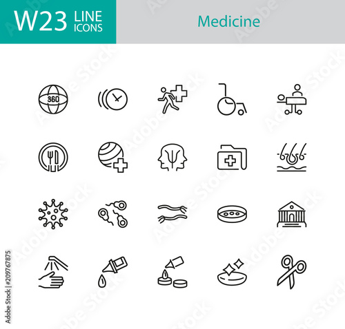 Medicine icons. Set of twenty line icons. Sport doctor, wheelchair, emergency. Medical and health care concept. Vector illustration can be used for topics like hospital, hygiene, urgent help.