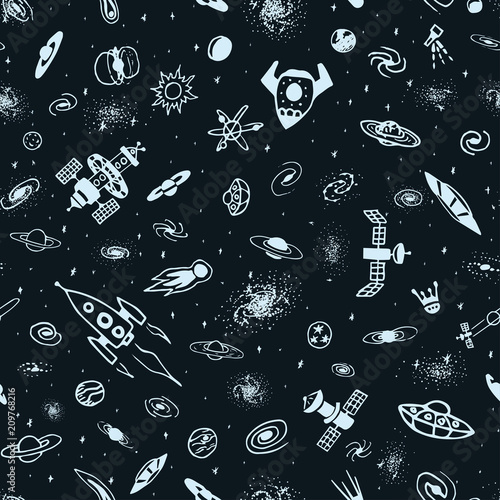 Vector seamless pattern of hand drawn doodle space object. Universe background