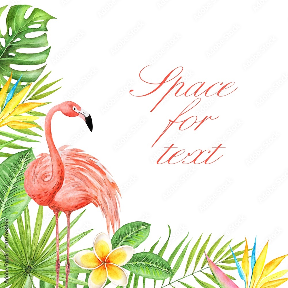 Fototapeta premium rysunek akwarela dekoracyjne obramowanie roślin tropikalnych, liści, kwiatów i różowego flaminga