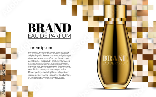 Perfume Design Glass Bottle Luxury Cosmetics Product Advertising for Catalog Magazine. Background. Design of Package Great Poster for Promoting a new Fragrance Vector template