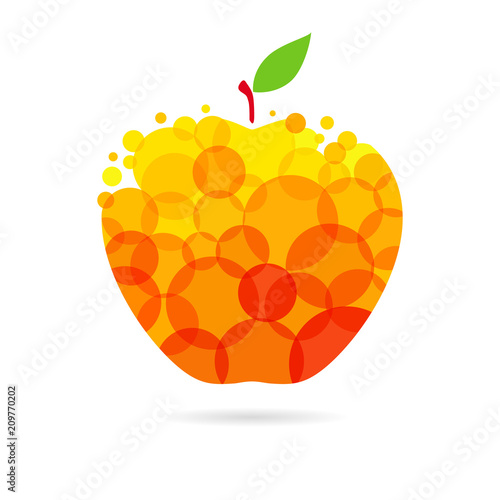 Apple juice logo design. Apple with yellow and red drops bubbly, label on white background. Juice design, creative vector illustration

