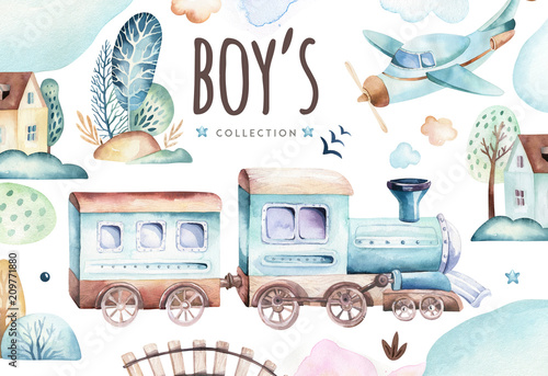 Baby boys world. Cartoon airplane and waggon locomotive watercolor illustration. Child birthday set of plane, and air vehicle, transport elements. isolated baby shower card