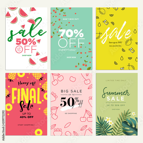 Eye catching summer sale mobile banners, ads and posters collection. Vector illustrations concept for shopping, e-commerce, internet advertising, social media ads and banners, marketing material.