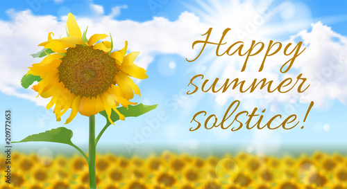 Vector illustration on the theme of the summer solstice. Sunny realistic summer landscape with a field of sunflowers, sky with clouds and text.