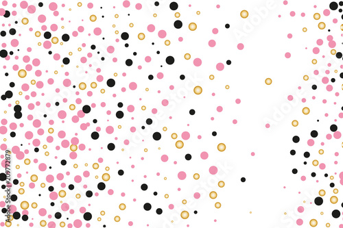 Background with Golden, black and pink glitter, confetti. Random Polka dots, circles, round. Bright festive, festival pattern