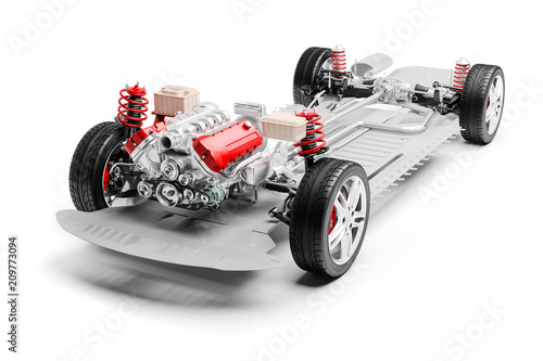 3d car chassis with motor, wheels and suspension, on white background photo