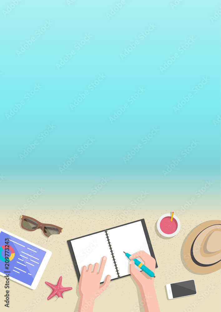 Conceptual vertical summer banner businessman working on beach Conceptual vertical summer banner businessman working on beach
