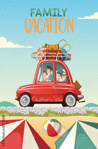 Family goes on vacation in a red classic car