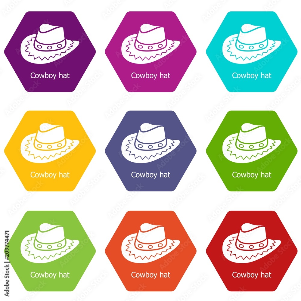 Cowboy hat icons 9 set coloful isolated on white for web