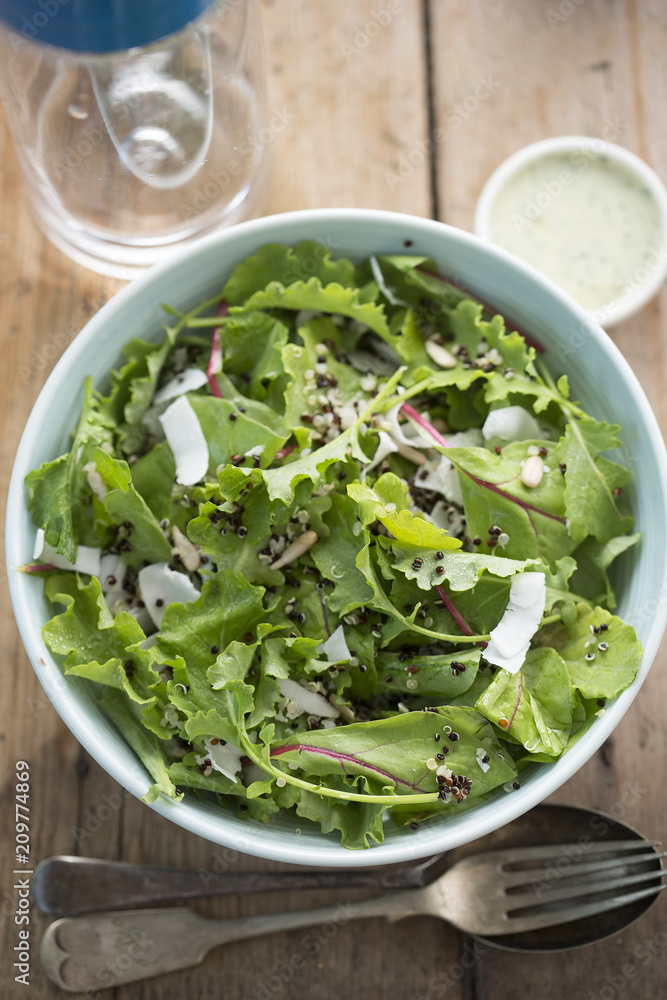 Quinoa & baby kale salad with sunflower seeds, shredded coconut, mixed quinoa and mint yoghurt dressing Quinoa & baby kale salad with sunflower seeds, shredded coconut, mixed quinoa and mint yoghurt dressing