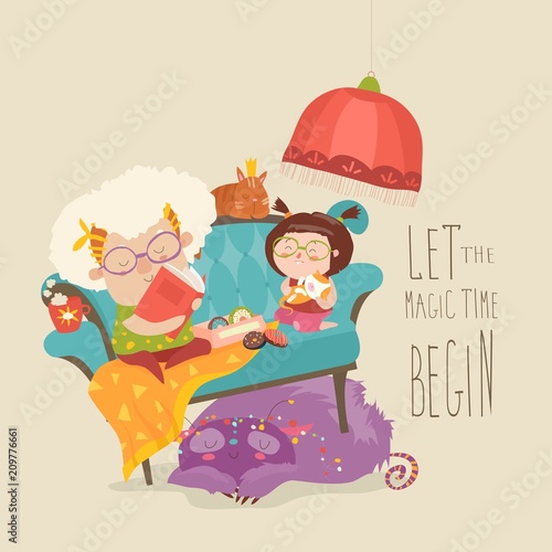 Grandmother reading fairytales to her granddaughter