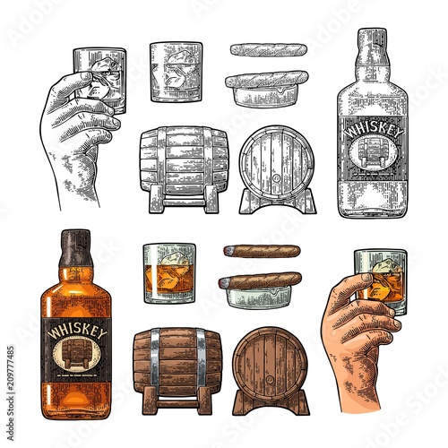 Whiskey glass with ice cubes, barrel, bottle and cigar.