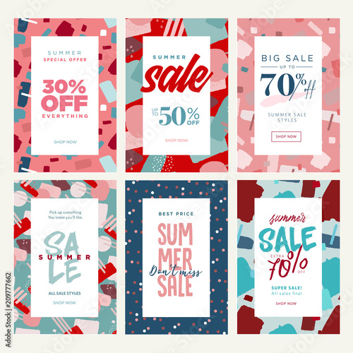 Set of mobile ads and posters. Summer sale banners. Vector illustrations concept for online shopping, e-commerce, internet advertising, social media ads and banners, marketing material.