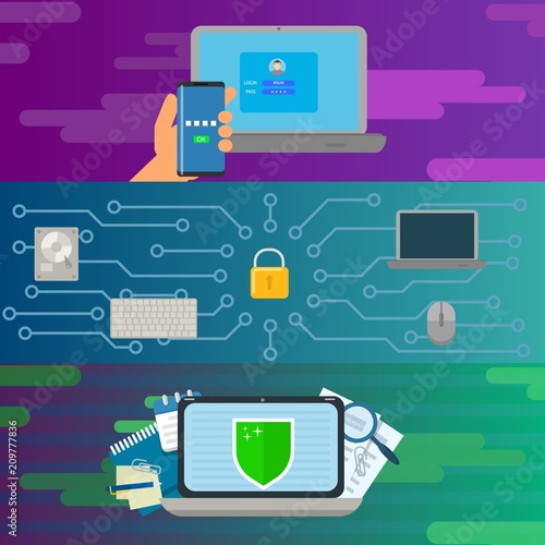 Authentification banner concept set. Flat illustration of 3 authentification vector banner horizontal concepts for web