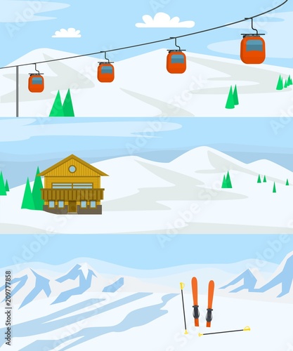 Resort hotel winter banner horizontal concept set. Flat illustration of 3 resort hotel winter vector banner horizontal concepts for web