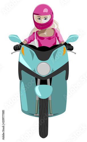 Scooter with girl rider in pink helmet, t-shirt front view isolated on white vector illustration