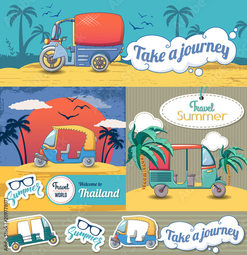 Tuk rickshaw Thailand banner concept set. Cartoon illustration of 4 tuk rickshaw Thailand vector banner horizontal concepts for web