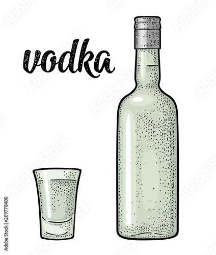 Glass and bottle. Calligraphic handwriting lettering vodka.