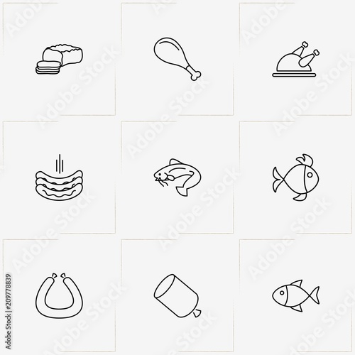 Meat And Seafood line icon set with fish, lard and turkey