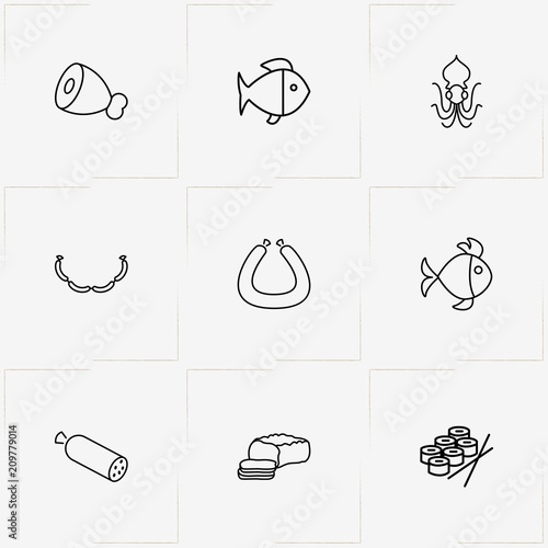 Meat And Seafood line icon set with lard, sushi  and fish