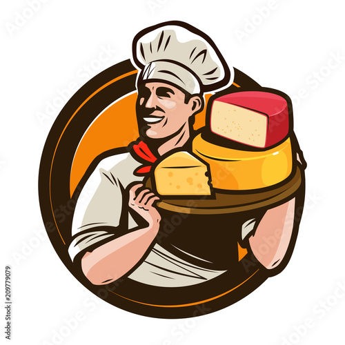 Chef holding a tray of cheese. Food, eating concept. Vector illustration