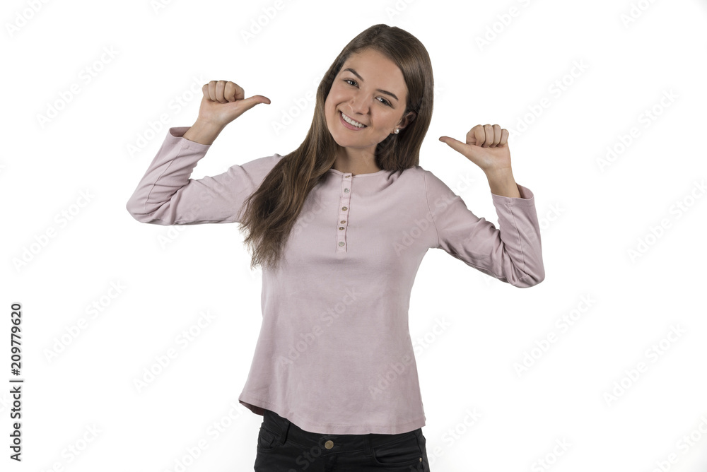 Young woman pointing to herself with both arms Young woman pointing to herself with both arms
