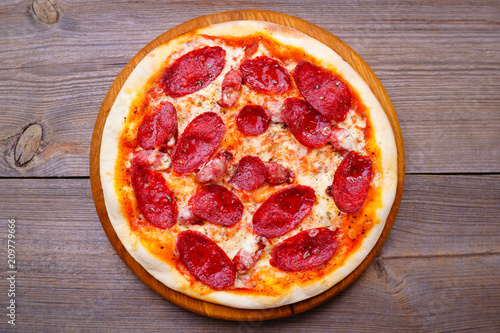 Pepperoni pizza, traditional recipe, mediterranean cuisine, junk fattening street food, italian restaurant, pizzeria menu concept