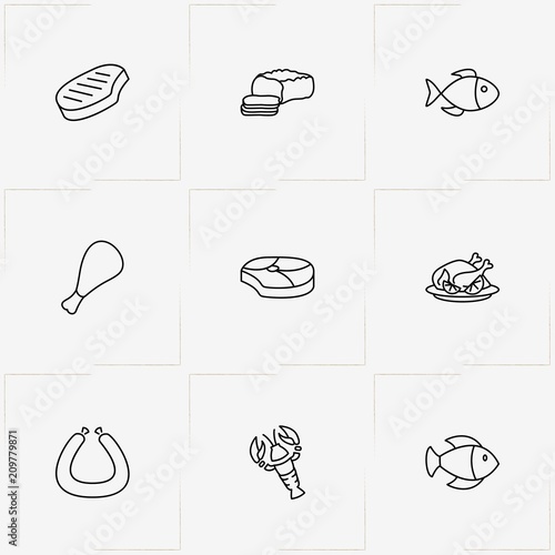 Meat And Seafood line icon set with lobster, meat piece and lard