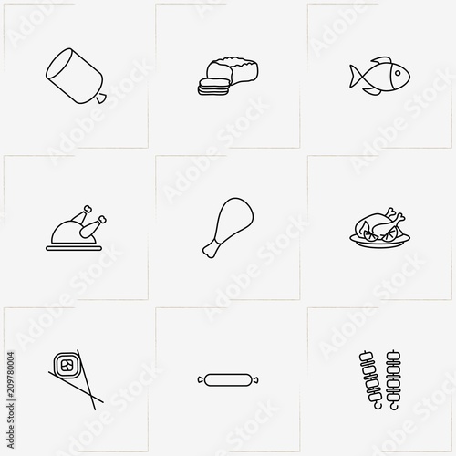 Meat And Seafood line icon set with chicken leg , barbecue  and lard