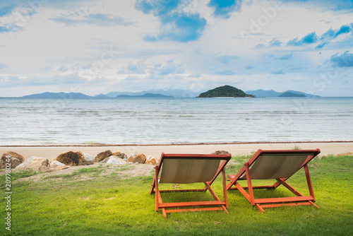 beach chairs on beach of koh mak Trat Thailand