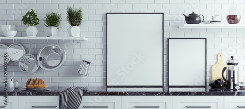 Mock up poster frame in kitchen interior, Scandinavian style, panoramic background, 3d render